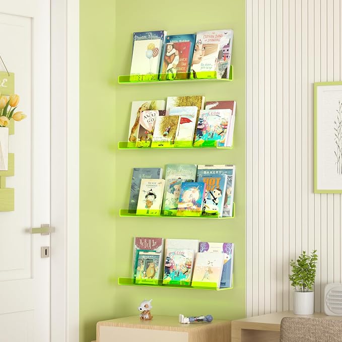 upsimples 4 Pcs 15" Acrylic Shelves for Wall Display, Fluorescent Green | Cute Floating Shelf for Perfume, Skincare, Nail Polish, Wall Organizer for Bedroom, Living Room, Playroom, Room Décor