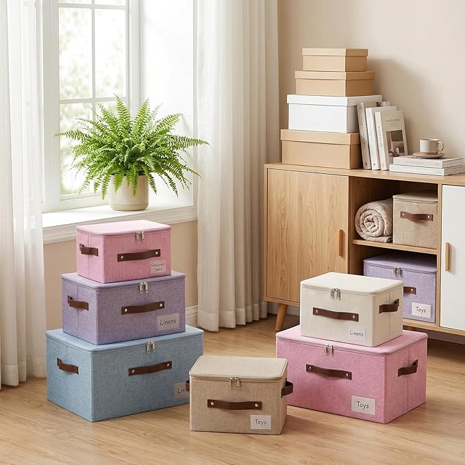 ANMINY Storage Bins with Zipper Lid Storage Boxes with Label Holder PU Leather Handles Washable Foldable Decorative Lidded Cotton Linen Fabric Cubes Baskets Closet Organizer - Purple, Large