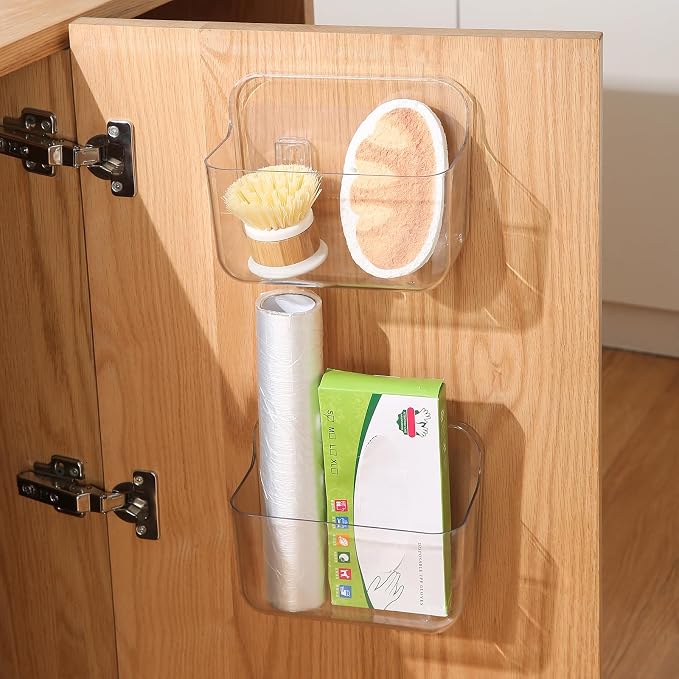 2 Pack Adhesive Cabinet Door Organizer, Compact Kitchen Under Sink Organizer, Clear Lid Storage Container for Pantry Shelves, Wall Mounted Bathroom Shower Caddy Hanging Closet Organizer