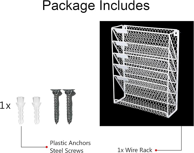Wall File Holder Hanging Mail Organizer Metal Chicken Wire Wall Mount Magazine Rack for Home and Office (White)