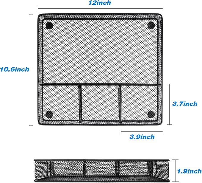 VyGrow Desk Drawer Organizer Tray, Metal Mesh Drawer Organizers Office, 4 Grid with Adjustable Compartment, Desk Organizer Tray for Home Office 12x10.6x1.9 inch Black, 2 Pack
