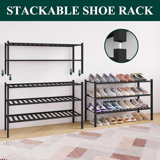 Smiry Bamboo Shoe Rack for Closet, 6 Tier Long Wooden Shoe Organizer, Stackable Wood Shoe Storage Shelf for Entryway, 14 Vertical Slats, 3+3 Stack Heavy-Duty Legs, 33.86"x11.02"x36.61", Black