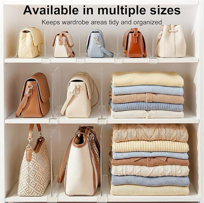 Purse Organizer for Closet Shelf Dividers: 6-inch Tall(Shorter Version) Adjustable Clear Acrylic Bag Storage Organizer for Handbags, Sweaters, Towels, Jeans and Shoes on Wood Shelves 6-Pack