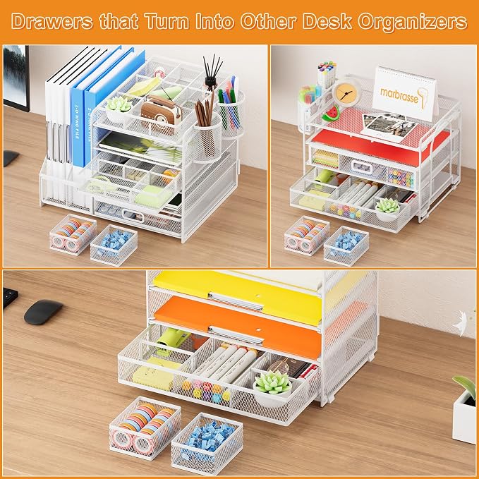 Marbrasse 3 Packs White Desk Drawer Organizers,Drawer Organizer Tray with 9 Adjustable Compartments,Junk Drawer for Makeup & Vanity, Office Desk Supplies and Accessories(White)