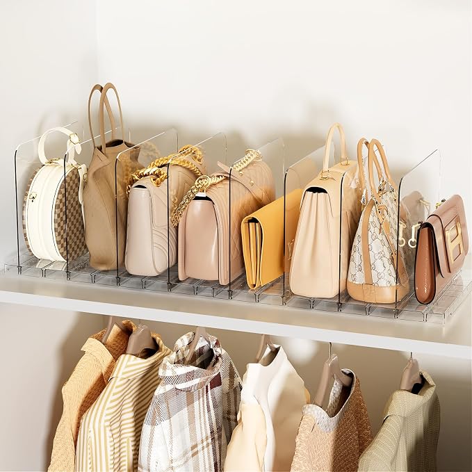Stackable Bag & Purse Organizer for Closet Acrylic Shelf Dividers for Closet Organization, Clear Handbag Purse Storage Organizer Divider, Keep Clutch, Wallet, Pocketbook Upright, 6 Pack