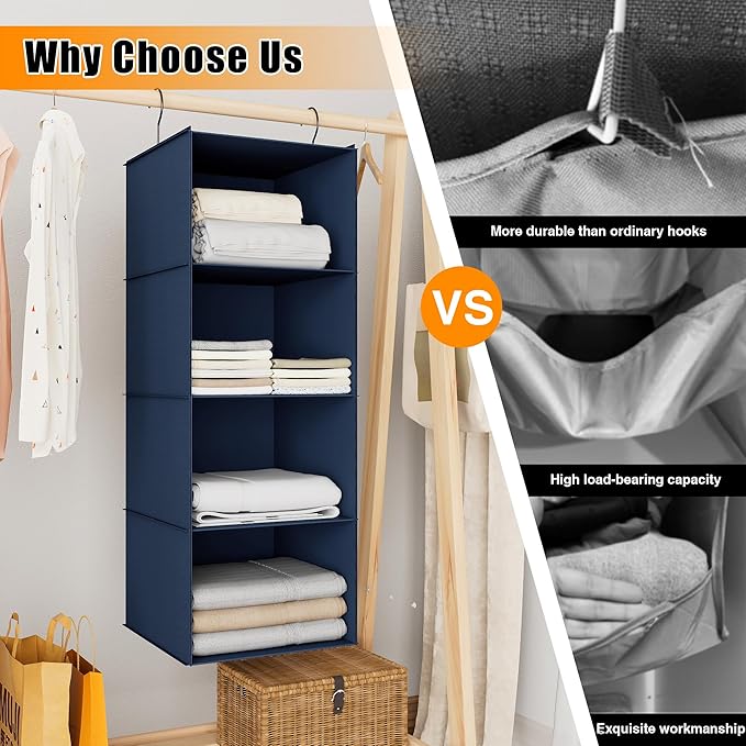 Hanging Closet Organizer 4-Shelf, Oxford Fabric Wardrobe Storage, Navy Blue | Easy-mount foldable design holds clothes, handbags, shoes & accessories; washable Oxford fabric, sturdy and space-saving.