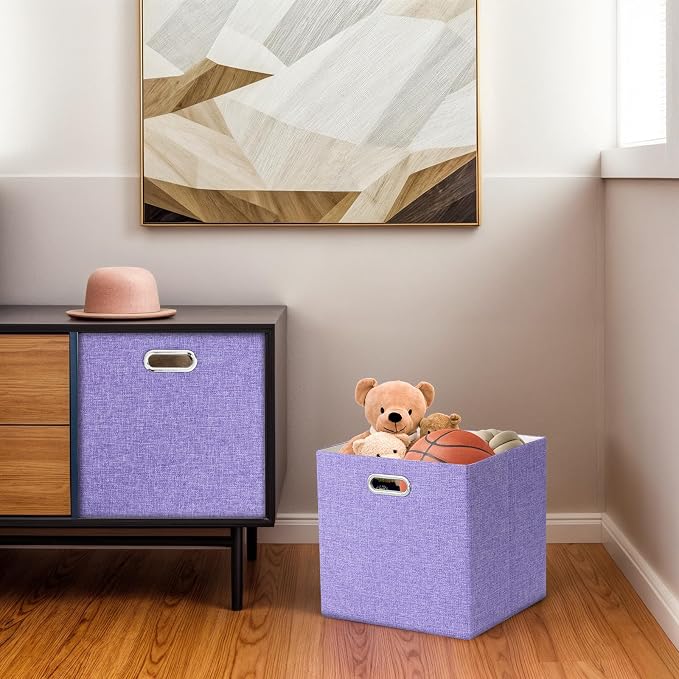 Foldable Cube Storage Bin Organizing Baskets Cubby Boxes Fabric Storage Cubes Organizer Bins with Handles for Organization Shelf Closet, 11"x11"x11", Pack of 4, Purple