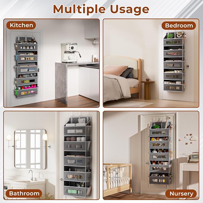 2 Pack 5 Tier Over The Door Organizer - Large Capacity Behind Door Hanging Shelves with 10 Mesh Pockets and Clear Windows, Closet Organizers and Storage for Bathroom, Bedroom, Nursery, Grey