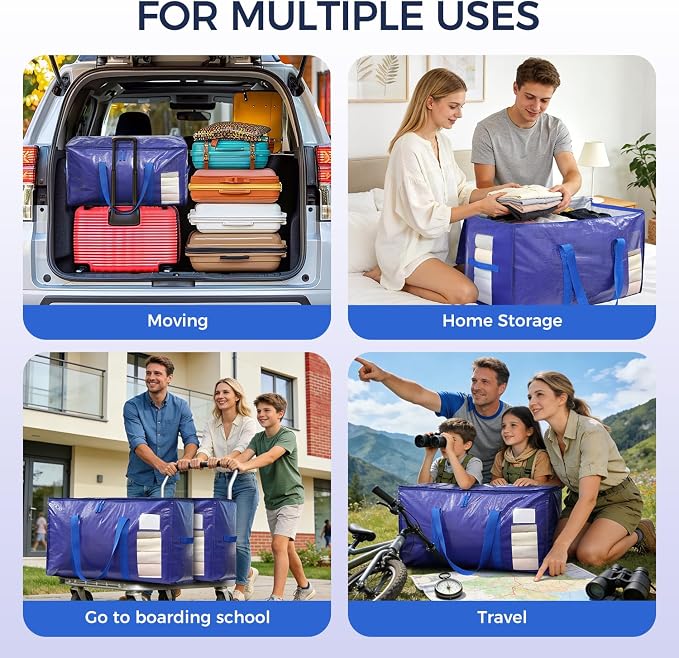 BAGAIL Heavy Duty Moving Bags with Strong Handle, Extra Large Moving Boxes, Storage Tote for Clothes, College Moving Supplies(8 Pack, Blue-windows)