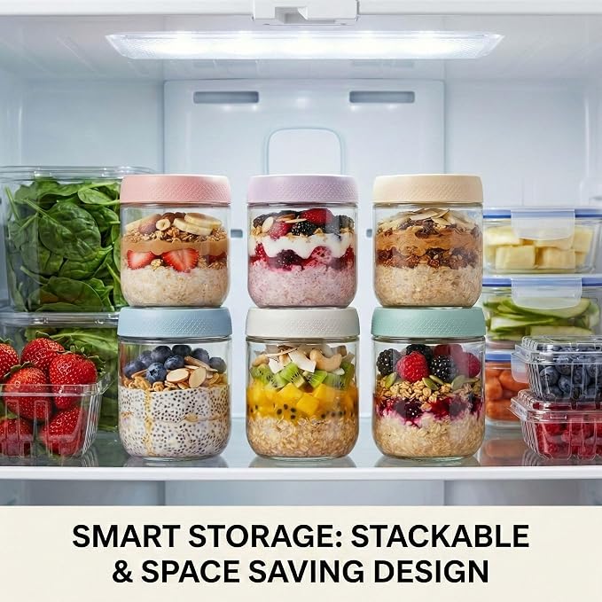 JBHO 6-pack 16 oz Overnight Oats Containers with Lids, Glass jars with Airtight Lids, Wide mouth Mason Salad jars, Glass Food Storage Containers for Snacks Yogurt Spice Sugar