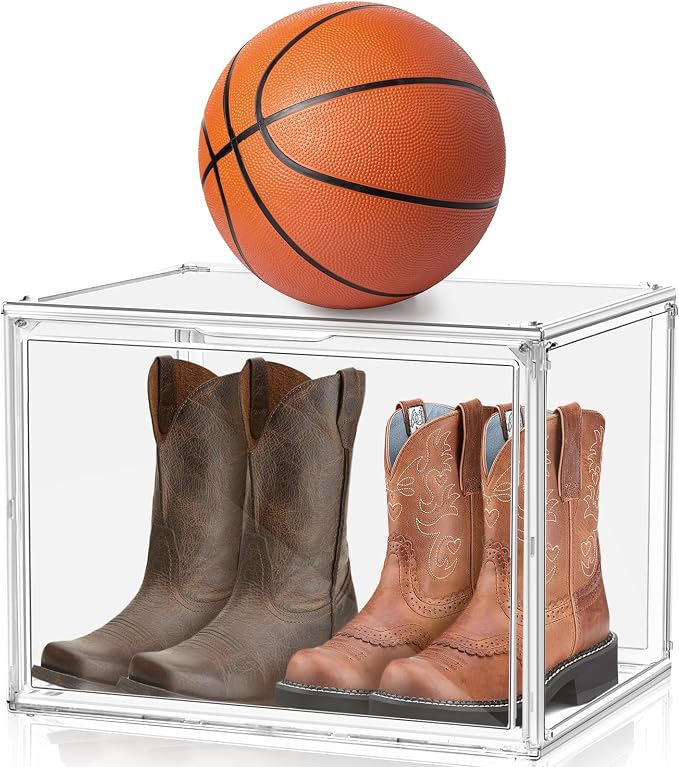 3 Pack XXX-Large Clear Display Case, 17.7''x13''x13'' Tall Boot & Shoe Box Acrylic Display Case Extra Large Figure Collectibles Showcase Clear Stackable Handbag Trophy Display Box with Magnetic Lid