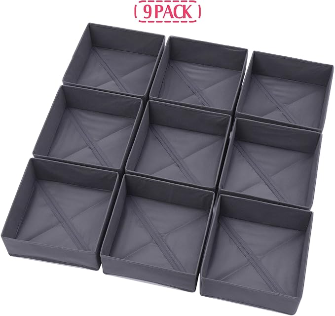 DIOMMELL 9 Pack Foldable Cloth Storage Box Closet Dresser Drawer Organizer Fabric Baskets Bins Containers Divider for Clothes Underwear Bras Socks Clothing, Dark Grey 900