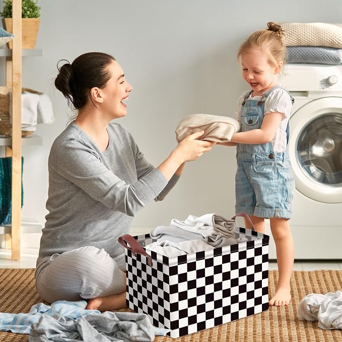 Checkered Storage Basket Waterproof Canvas Toy Storage Bin Race Car Room Decor Collapsible Outdoor Basket with Leather Handles Checkered Decor Car Blanket Baskets For Closets,Bedrooms,Gifts Baskets