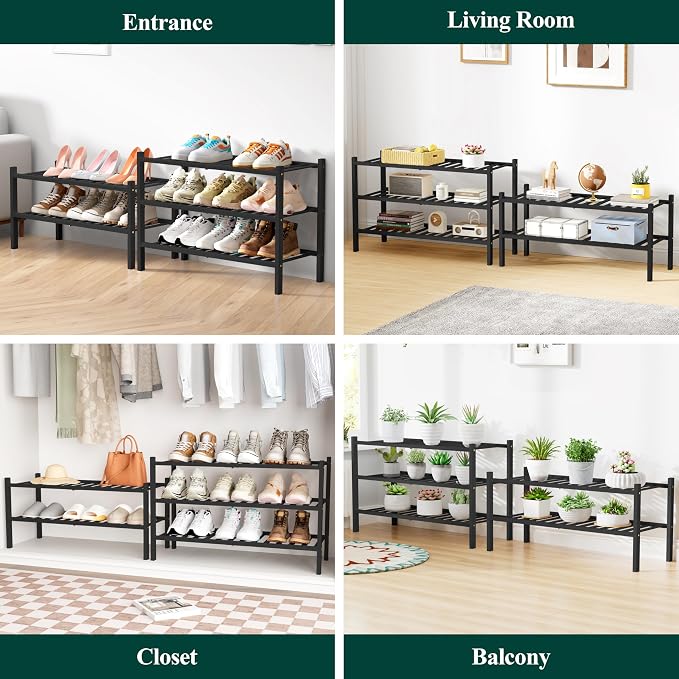Smiry Bamboo Shoe Rack for Closet, 6 Tier Wooden Shoe Organizer, Stackable Wood Shoe Storage Shelf for Entryway, 14 Vertical Slats, 3+3 Stack Heavy-Duty Legs, 26.77"x11.02"x36.61", Black