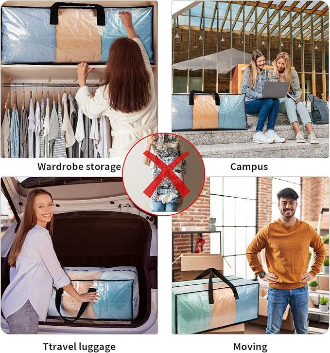 Heavy Duty Clear Moving Bags with Strong Zipper & Comfortable Handles | 4 Pack Extra Large Storage Bags Totes Moving Boxes Packing Supplies for College Dorm Room Essentials Compatible with IKEA