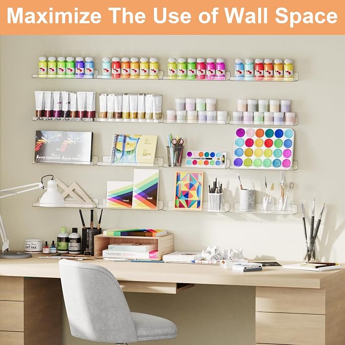 upsimples 8 Pcs 15" Acrylic Shelves for Wall Display and Storage, Clear | Transparent Design Highlights Skincare, Perfume, Easy-to-Find Versatile Floating Shelves for Bathroom, Bedroom and Playroom