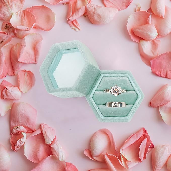 DesignSter Hexagon Velvet Ring Box - Premium Gorgeous Vintage Double Ring Display Holder with Detachable Lid for Proposal, Engagement, Wedding, Ceremony (Mint green)