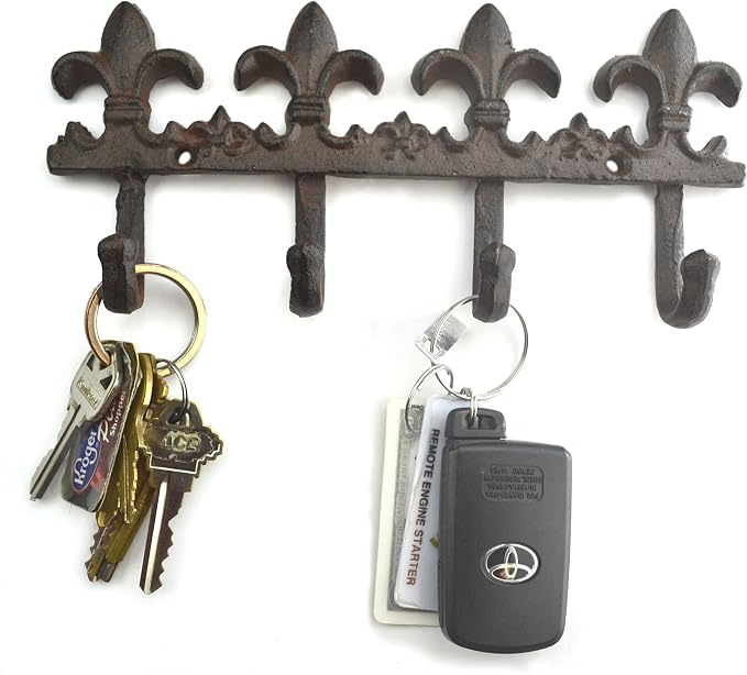 Lulu Decor, Cast Iron Fleur De Lis Key Hook Decorative Wall Hooks Antique cast Iron Hook Vintage Hook Key Holder Key Hook Hanger Wall Mount (Brown)