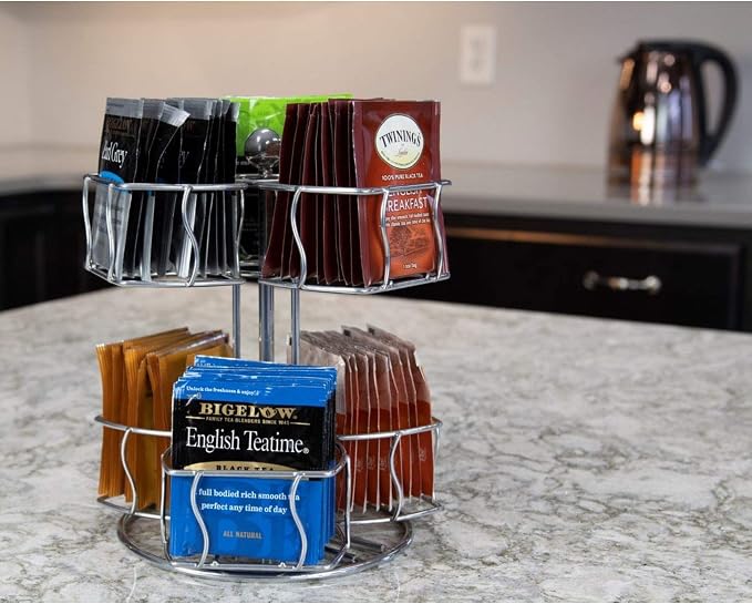 Nifty Tea Bag Spinning Carousel – 6 Compartments, Up to 60 Tea Bags Storage, Spins 360-Degrees, Lazy Susan Platform, Modern Chrome Design, Home or Office Kitchen Counter Organizer