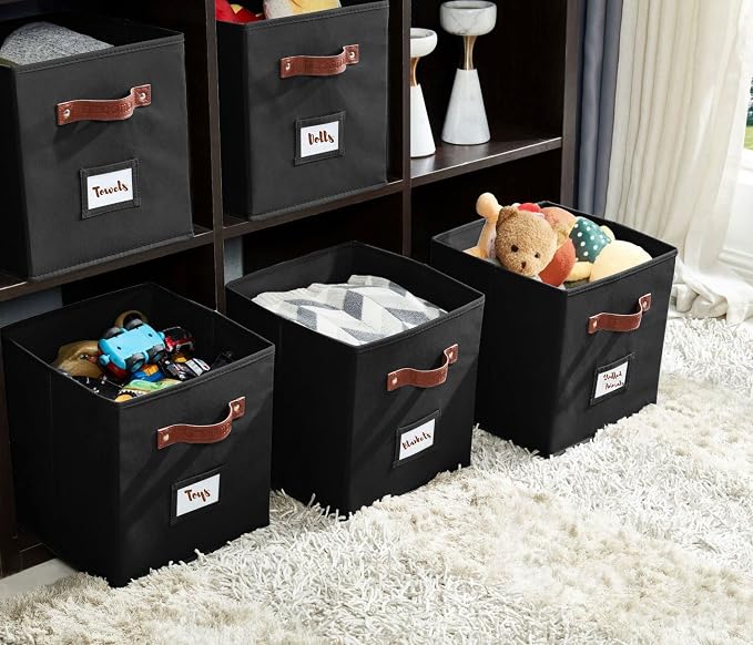 DECOMOMO Storage Bins, Cube Storage Bin with Labels | 10.5" x 11" Fabric Storage Cubes for Shelves (6pcs, Black)