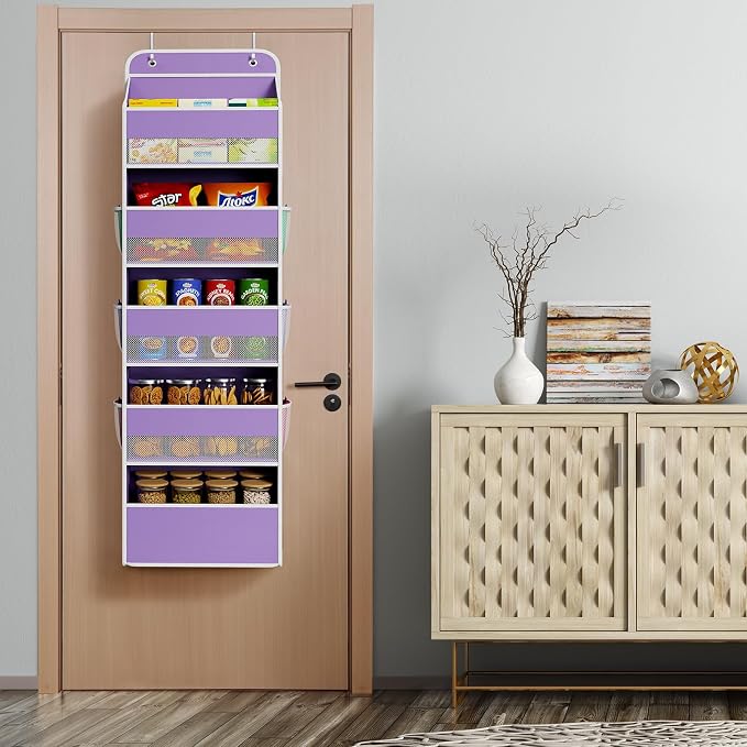 Univivi 5-Shelf Over The Door Hanging Organizer, Back of Door Organizer With 5 Compartments 6 Side Pockets for Baby Bedroom and Bathroom Storage (Purple)