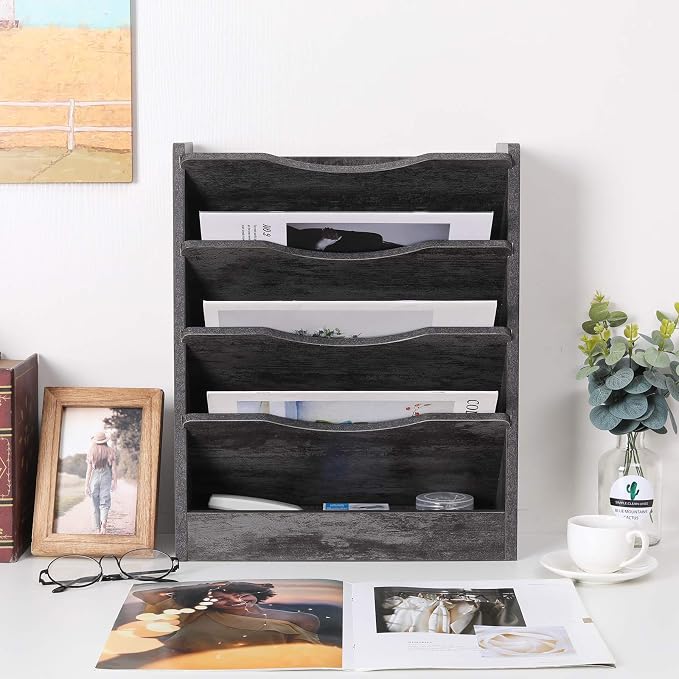 PAG 5-Tier Wall File Holder Hanging Mail Organizer Wood Magazine Literature Rack with 6 Hooks, Dark Gray