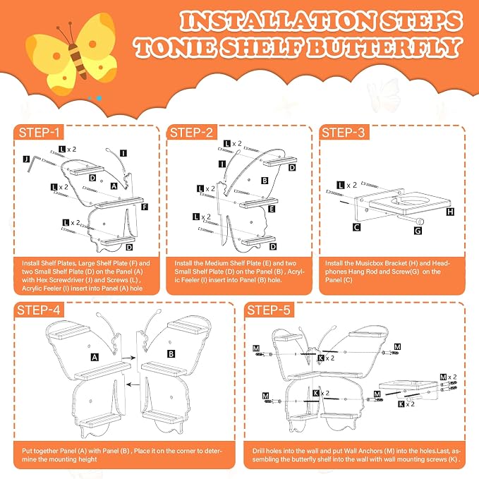 90°Butterfly for Tonies Box 1/2 Tonies Figures Organizer Storage Shelf Corner Wall Mounted, Magnetic Display Collection 30~40 Characters Floating Shelves Storage Player, Earphones