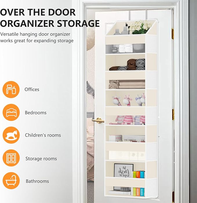 Over Door Organizer with 5 Large Pockets & 10 Mesh Side Compartments - Behind The Door Storage for Bathroom, Bedroom, Closet, Pantry, RV & Nursery - Baby Room Organizer Solution - Beige