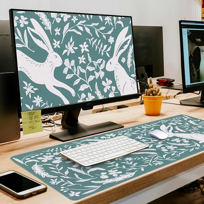 L-SPOUTTO Blue Desk Mat for Keyboard and Mouse,XXL Boho Gaming Mouse Pad | Cute Rabbit Large 35.4x15.7in Non-Slip Rubber Base Keyboard Pad Waterproof Desktop Mat for Laptop Computer Work Home Office