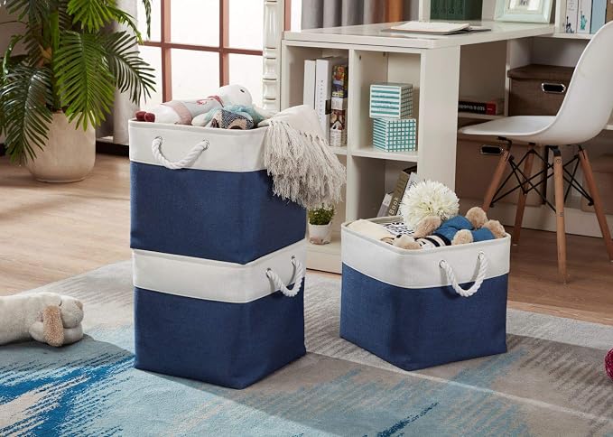 DECOMOMO Cube Storage Bin 13x13, Fabric Storage Bins, Kallax Storage Cubes (Navy Blue & White, 3 Pack)