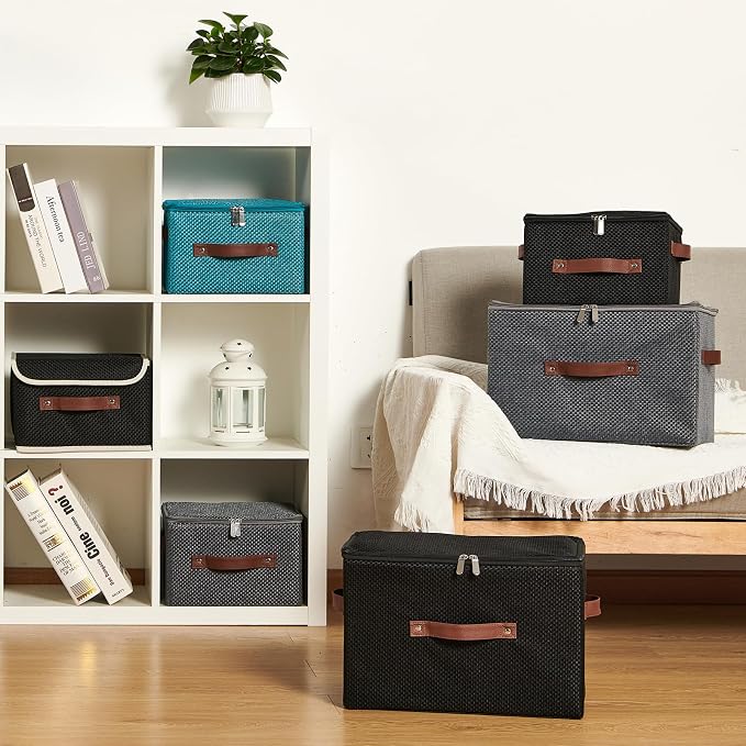 2PCS Storage Bins with Lid Fabric Storage Box Basket PU Leather Handle Textured Woven Cotton Linen Decorative Foldable Washable Shelf Closet Organizer Container (Zipper Lid, Black, Small)