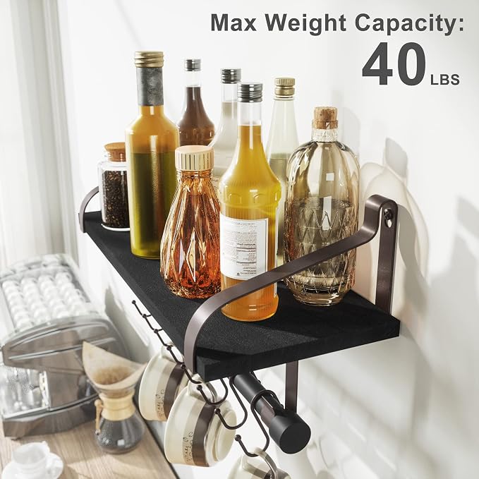 Love-KANKEI 17.3" Floating Wall Shelf Wood/Bracket,Coffee Bar,Black/Brown | Spice Rack,Towel Bar/8 Hooks,40 Lbs/shelf,Easy to Install,For Kitchen,Bathroom,Living Room,Bedroom,Office,Entryway Display