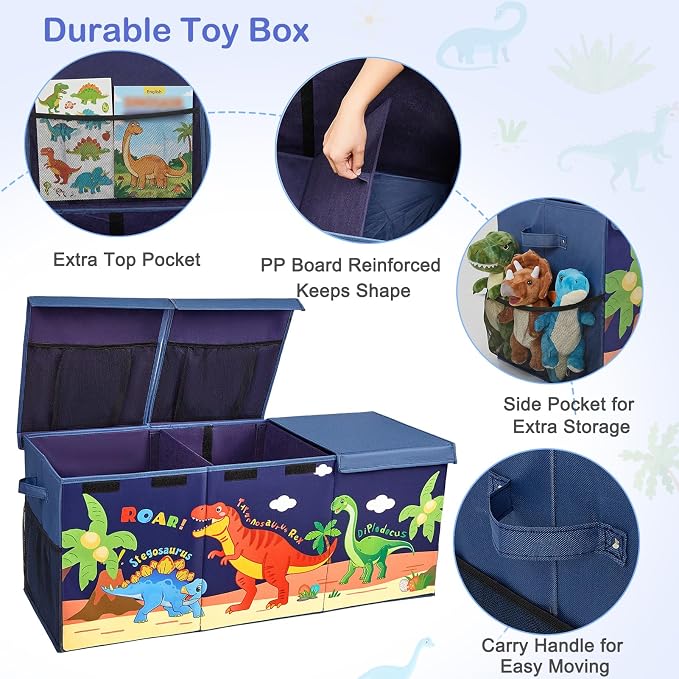 Unicorn Castle Toy Box with Adjustable Divider Toy Chest Storage Large Toy Storage Organizer Bin Collapsible with Lid Pockets for Nursery Playroom,Dark Blue Dinosaur