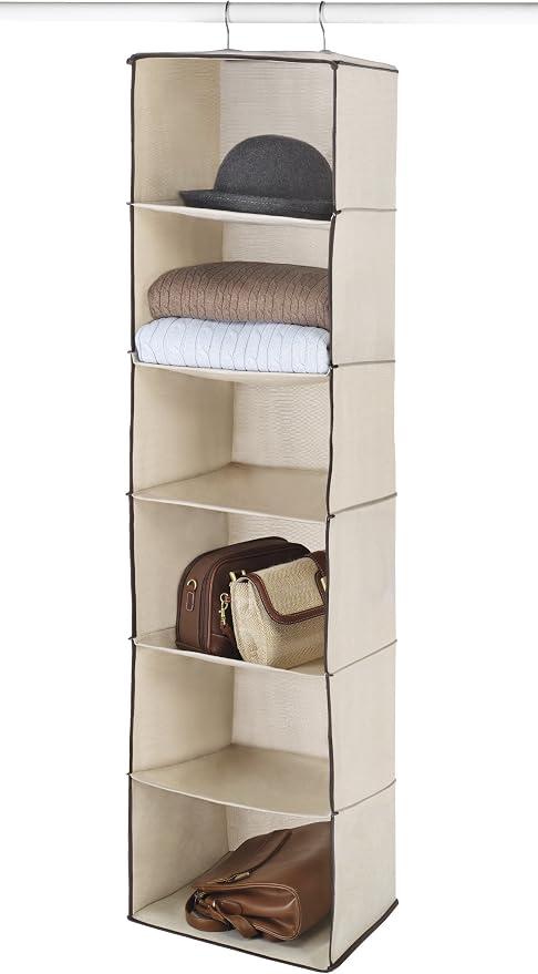 Whitmor Closet Organizer Heavy Duty Canvas 6 Shelf Hanging Accessory Bag, 6 Section, Off- White