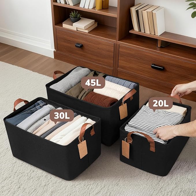CHICVITA Storage Baskets for Shelves, Large Fabric Storage Bins with Metal Frame, Closet Storage Bins for Clothes Toy Organizer, 16 ¾" L x 11" W x 9 ¾" H, Black, 4-Pack