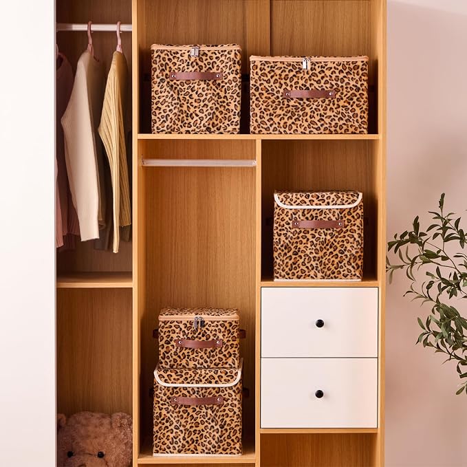Storage Bins Boxes with Zipper Lid Leopard Print Cute Velvet Fabric Basket PU Leather Handles PP Plastic Board Foldable Washable Lidded Closet Shelf Organizer Container (Large Size)