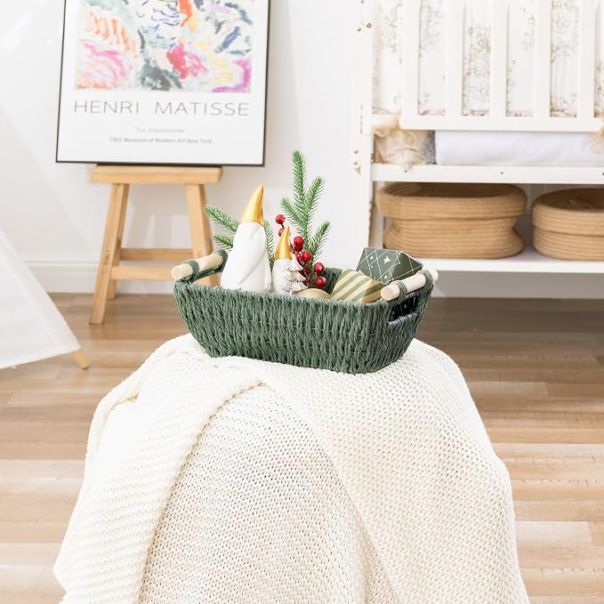 StorageWorks Round Paper Rope Woven Basket with Wooden Handles for Gifts, Small Woven Baskets for Shelf, Sage Green, 2-Pack