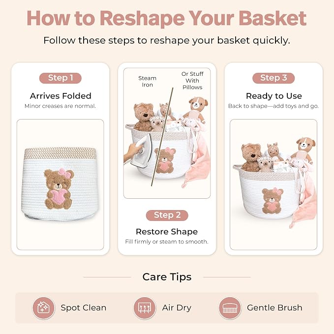 Pink Teddy Bear Storage Basket for Baby Girl Nursery – 15"x11" Cotton Rope Bin with Embroidered Bear Patch – Toy Organizer, Baby Laundry Hamper, Blanket & Diaper Holder – Foldable & Washable