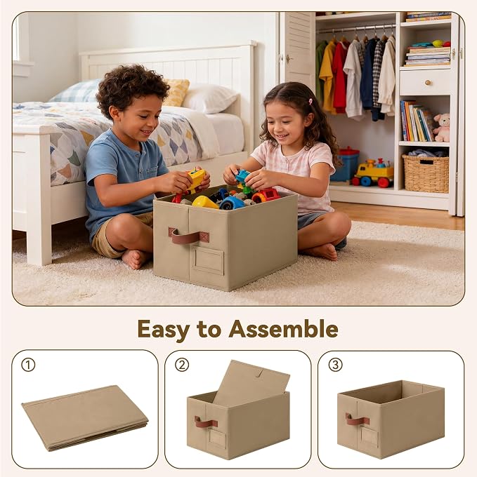 GRANNY SAYS Closet Storage Bins with Label, Closet Organizer Bins, Fabric Storage Basket with PU Handles, Clothing Storage Organizers, Brown, Medium, 3-Pack