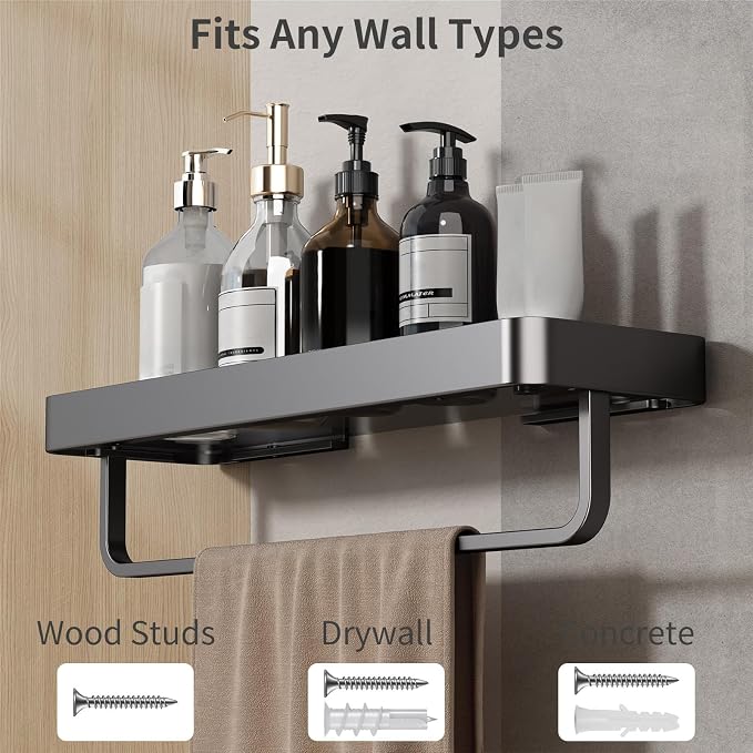 Danpoo 16 Inch Long Floating Bathroom Shelf with Towel Bar, Clear Tempered Glass Wall Shelf with Hand Towel Holder for Bathroom Storage Organizer, Matte Black