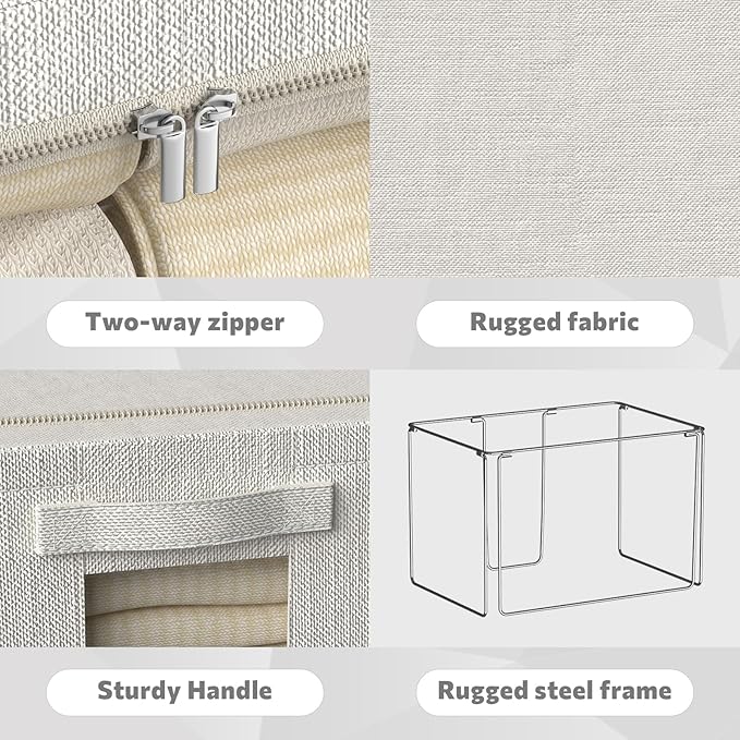 FHSQX 2 Pack Clothes Storage Bins with Metal Frame Ivory White, 15.7x11.8x9.8 Inch,Large Clear Window, Stackable, Durable Handles, Foldable