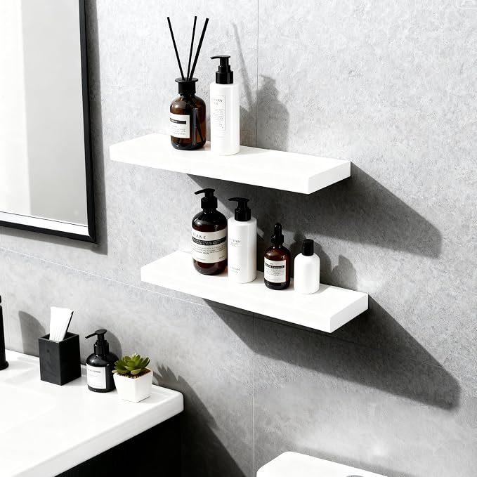 Floating Shelves for Wall(Set of 2)-16 Inch White Wood Wall Shelf with Invisible Brackets for Bathroom,Bedroom,Drawingroom,Kitchen for Decor(White 2pcs)