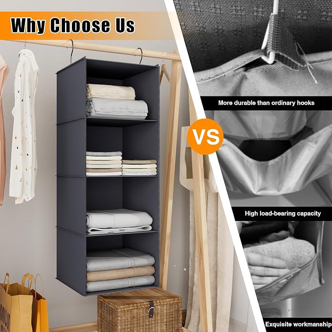Hanging Closet Organizer 4-Shelf, Oxford Fabric Wardrobe Storage, Dark Grey | Easy-mount foldable design holds clothes, handbags, shoes & accessories; washable Oxford fabric, sturdy and space-saving.
