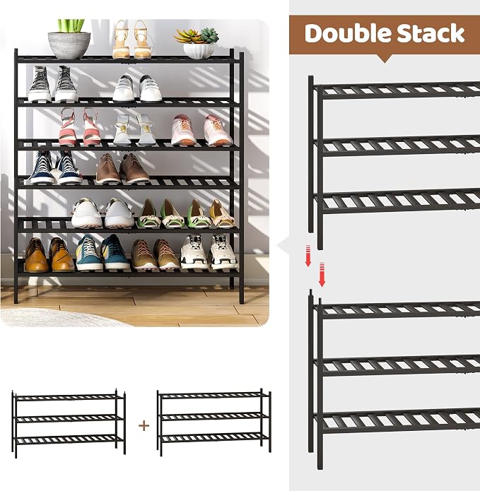 Bamboo Shoe Rack Stackable Shoe Shelf Storage Organizer for Unit Entryway Hallway and Closet Sturdy Freestanding Shoe Shelf(3L Tier Black)