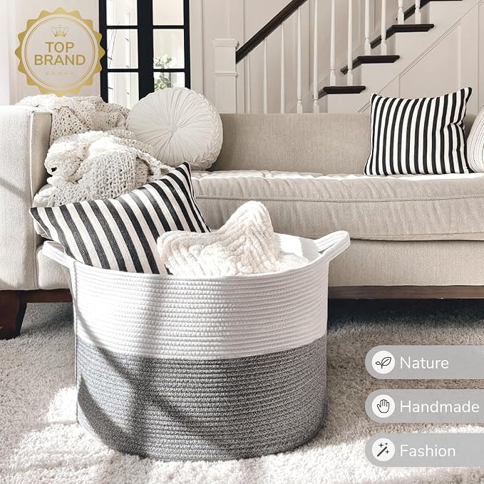 INDRESSME Large Storage Basket, 21.7'' x 13.8'' Cotton Rope Blanket Basket Living Room, Toy Organizers and Storage with Handles for Kids, Laundry Baskets for Clothes, Towel, 90L Grey