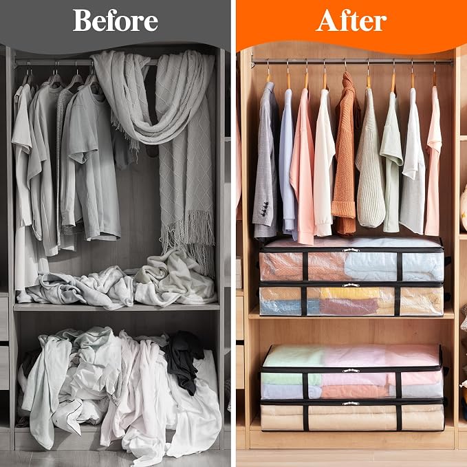 Lifewit 60L 4 Pack Under Bed Storage Containers Bins, Plastic Clothes Storage Bags Blanket Storage with Handle, Closet Organization for Comforters, Sheets, Clothes, Bedroom