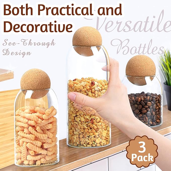 SuproBarware 3Pcs Glass Jar with Round Ball Cork,Coffee Bean Jar Glass Cork Clear Glass Bottles with Cork Glass Canisters for Food, Coffee, Sugar, Spice, Tea,DIY (500ml / 700ml / 1000ml)