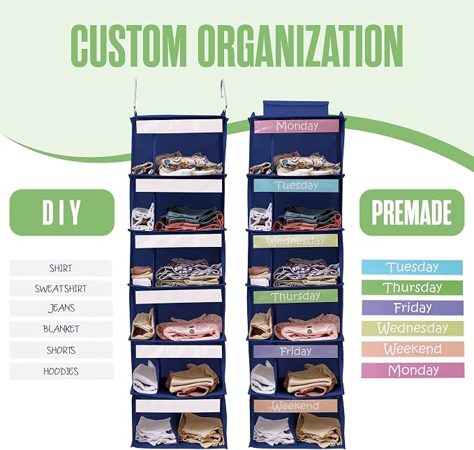 Kids Clothes Organizer, Closet Daily Outfit Storage, Hanging, 6 Shelf Blue | Houseables Weekly Clothes Organizer for Kids, Monday through Friday Clothing Planner, Day of the Week, Weekday, School