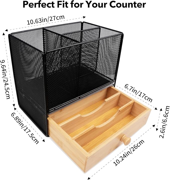 Kitchen Utensil Holder Countertop, Extra Large Utensil Organizer with Drawer, 2-Tier Utensil & Silverware Organizer for Kitchen Counter, Cooking Utensil Cutlery Caddy, Quick Dry Diatomite Base