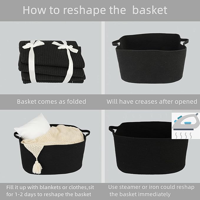 XUANGUO Large Rectangle Blankets Basket Living Room 22"x17"x12" Woven Cotton Rope Storage Baskets for Nursery Toy Baskets for Kids and Dogs Wicker Laundry Basket Bin for Clothes Towels black
